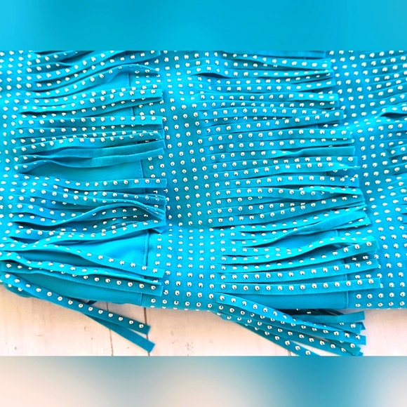 Sincerely Jules Turquoise Blue Faux Leather Studded Suede Fringe Western Skirt - Picture 4 of 10